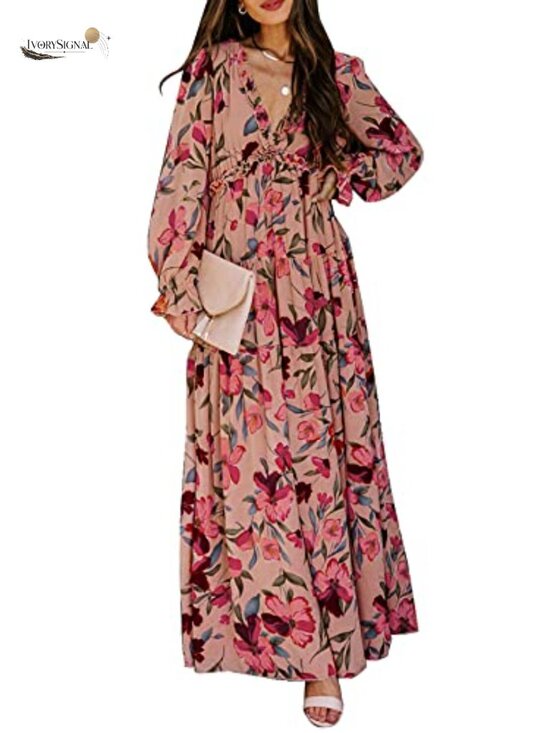 Dresses & Skirts - Womens Boho Floral Deep V Neck Long Sleeve Maxi Dress Beach Wedding